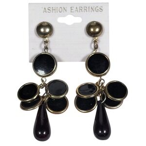 VTG 80s 90s Black Gold Tone Chandelier Disc Earrings Dangle Mob Wife Art Deco